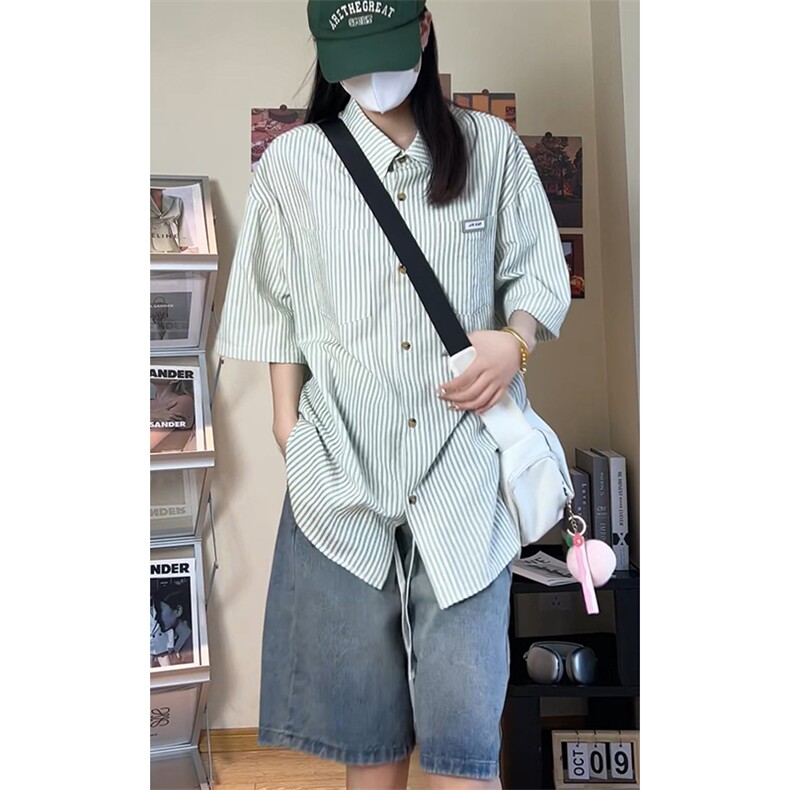 夏季潮流大码宽松百搭撞色贴标条纹短袖衬衫DC2218-P38【特价】，男装T恤，电商A007