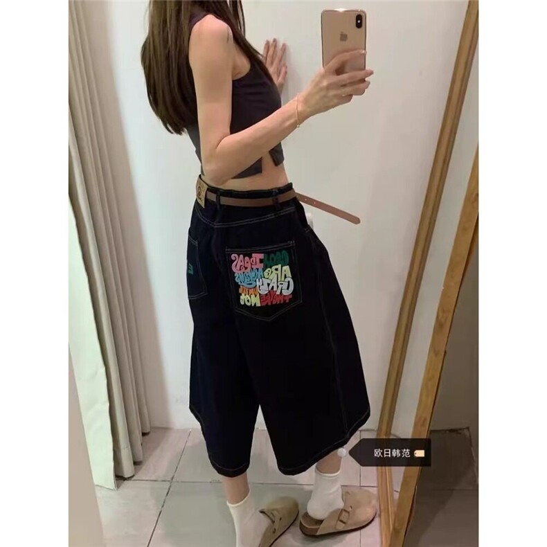 美式复古高街牛仔短裤女夏季新款印花滑板直筒七分裤潮D6722-p43,男装牛仔裤,星座1008