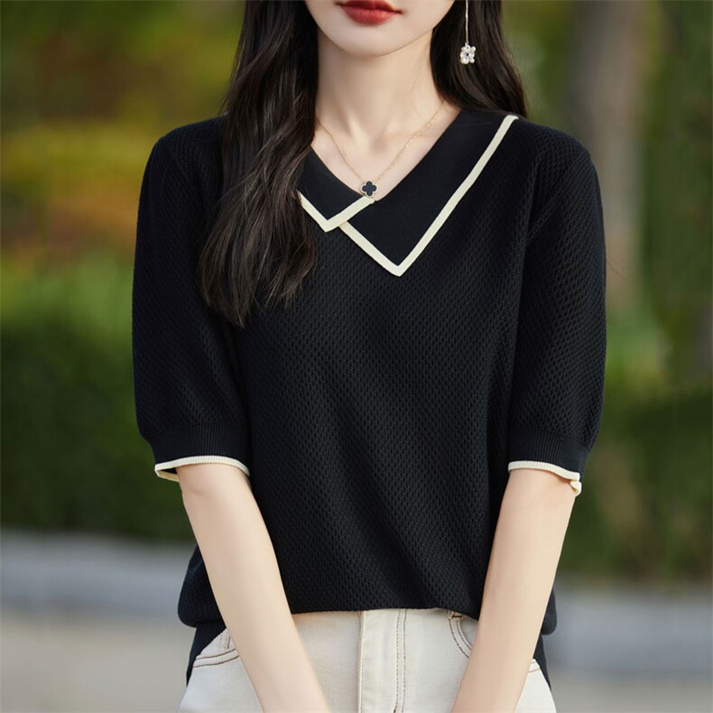 高级感撞色翻领短袖针织T恤女设计感小众正肩气质百搭半袖上衣新,针织衫/毛衣,暖烁羊绒