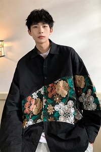 港风长袖衬衣男情侣大码M-5XL中性风刺绣潮长袖衬衫男CS9743P50图片