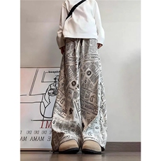 满印报纸灯芯绒裤子男秋季宽松不贴腿微喇卫裤垂感慵懒休闲运动裤，男装休闲裤，星座516A
