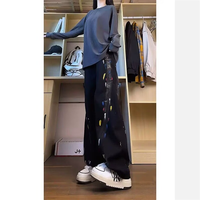 GJ15-P50泼墨涂鸦牛仔裤男直筒宽松工装裤春秋款裤子,男装牛仔裤,电商B323A