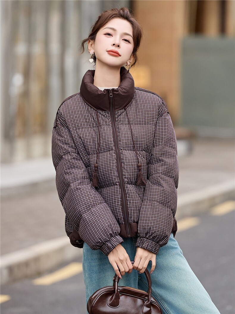 【现货现货】2025冬季新款格子羽绒服短款加厚保暖90白鸭绒面包服,女装羽绒服,一安秀