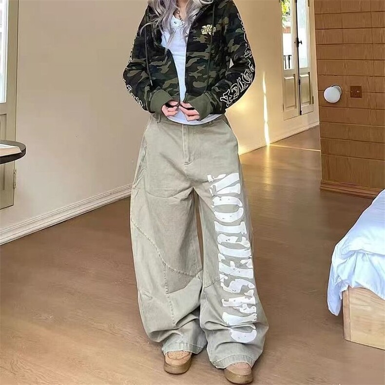 个性韩版字母印花弯刀牛仔裤女春秋新款宽松阔腿拖地工装牛仔裤子,男装牛仔裤,星座506A