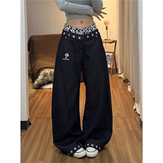 美式暗星漫游者豹纹双腰头牛仔裤裤子女款2026春季新款阔腿弯刀裤，男装牛仔裤，星座516A