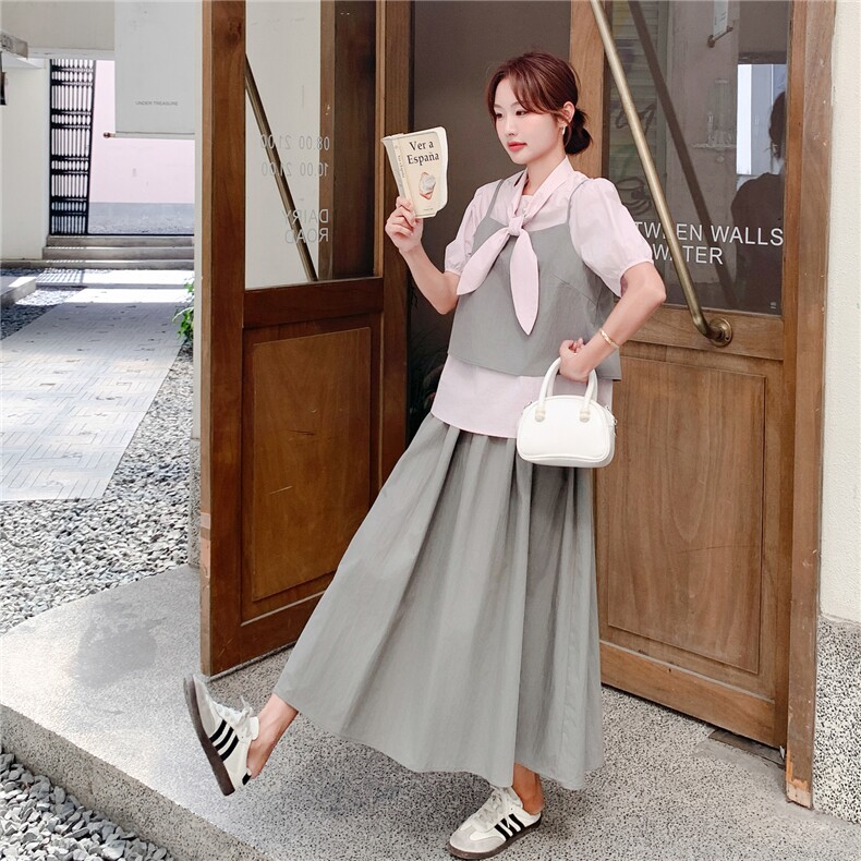 小清新气质吊带T恤套装夏季2025新款设计感淡人穿搭半身裙三件套，女装套装/套裙，含赞