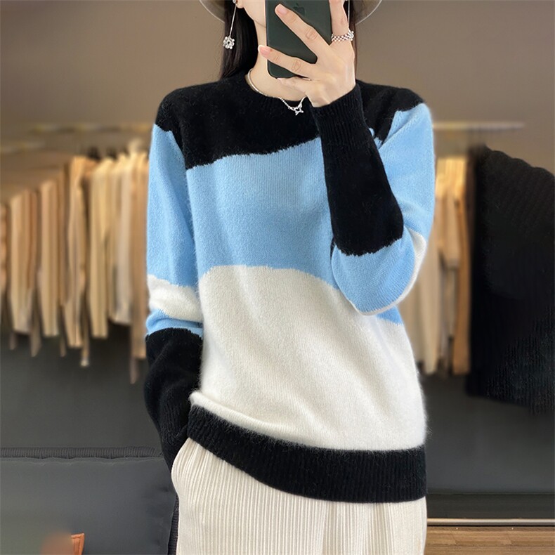 羊范拉绒系列~100毛衣女圆领宽松慵懒风拼色打底文艺风上衣,女装羊毛衫,犀桦羊绒