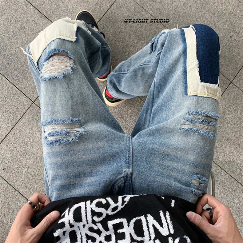 B221 美式ins高街小众个性乞丐裤直筒破洞牛仔裤 LK23099-P65控88图片