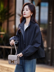 高级感格子拼接抽绳立领短款夹克外套女2025秋季宽松时尚洋气上衣，女装短外套，靓衣阁