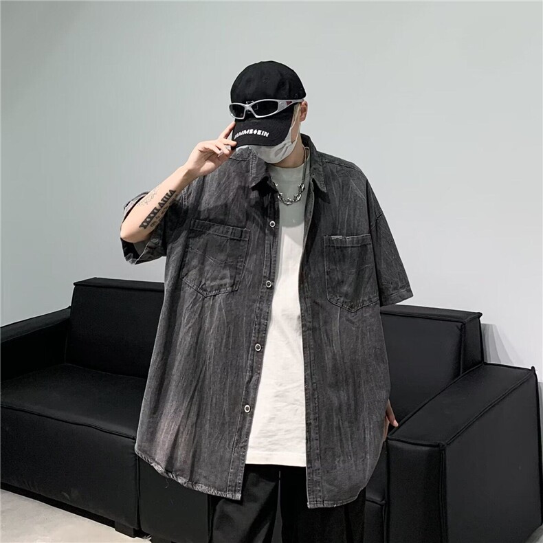 C531P47牛仔衬衫男夏季韩版潮流学院风短袖衬衣ins超火,男装衬衫,星座512-6