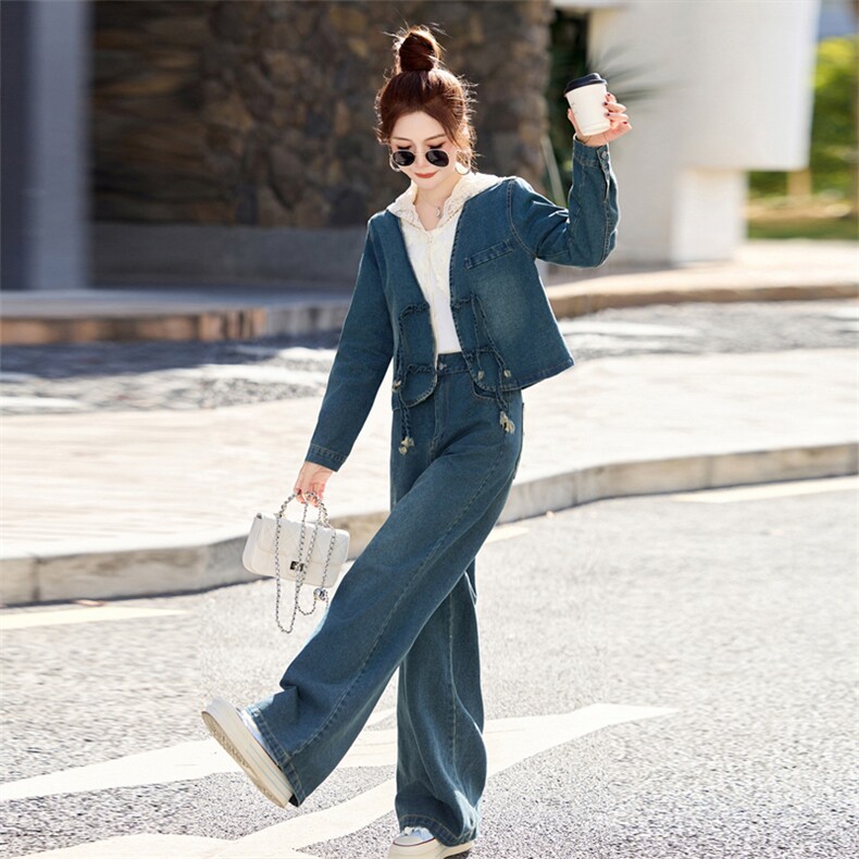 新中式蕾丝拼接牛仔套装女2026春季新款复古盘扣时尚两件套潮,女装套装/套裙,欣品汇