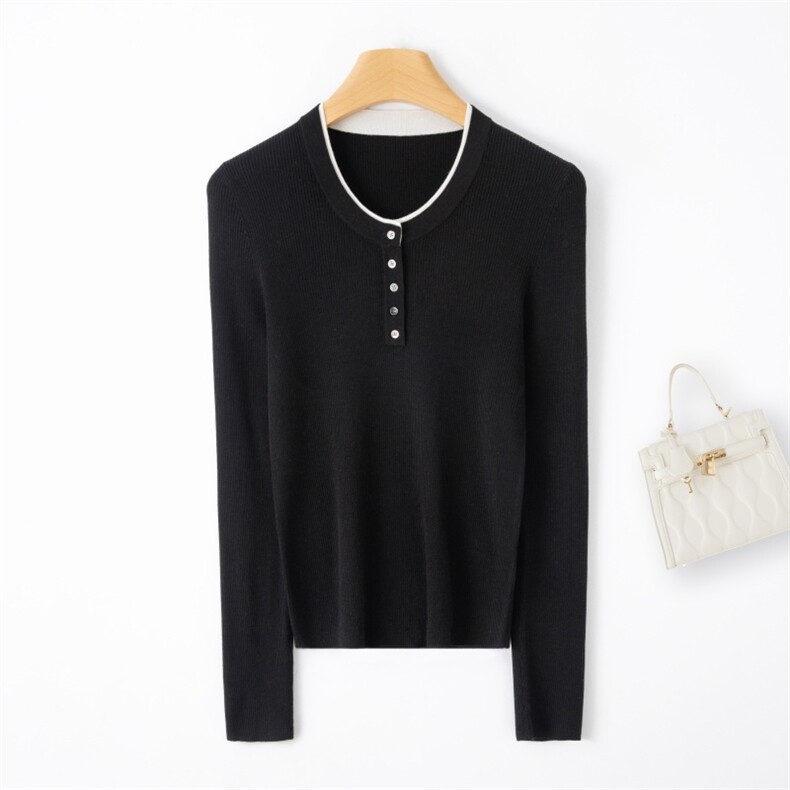 春秋圆领时尚纯色女百搭假两件针织长袖，女装羊毛衫，润匹羊绒