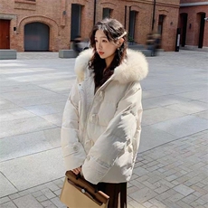 8809#光版手塞棉紫色牛角扣棉服女冬季宽松大毛领加厚面包服外套，女装棉衣/棉服，星座1210-1