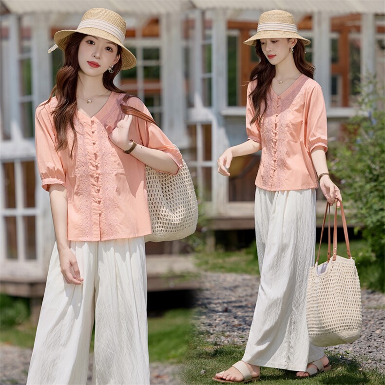 夏季新款时髦洋气文艺开衫上衣穿搭一整套女气质宽松阔腿裤两件套，女装套装/套裙，依路服饰