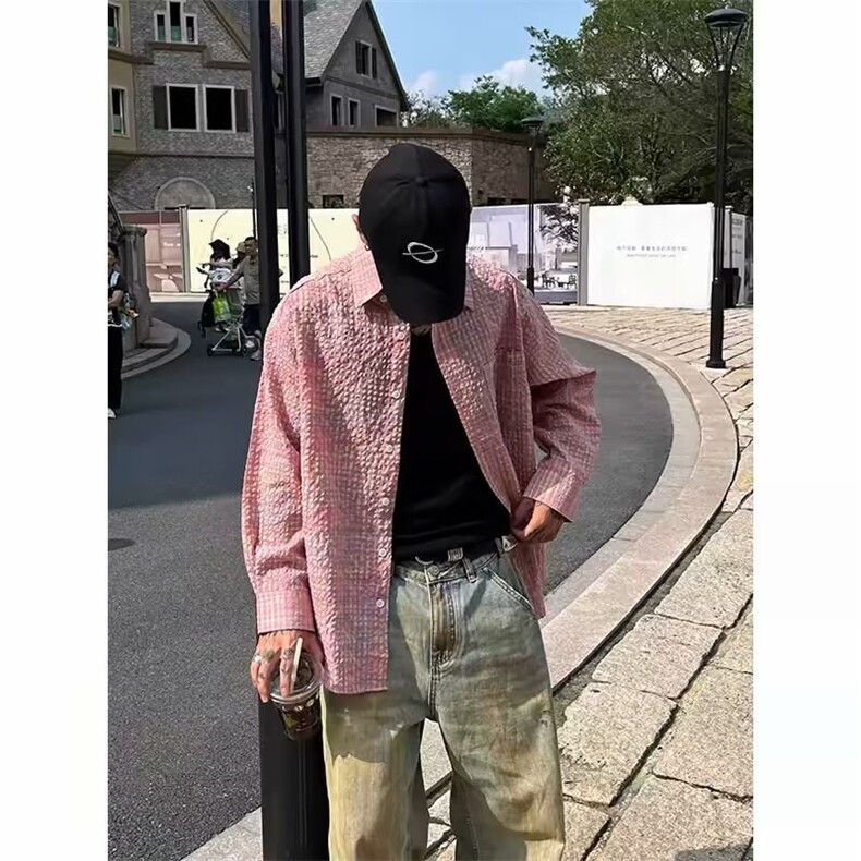 网络图!!!美式复古扎染格子长袖衬衫男高街嘻哈潮牌设计感衬衣,男装衬衫,星座1005-6