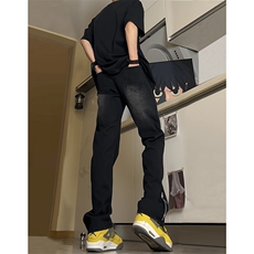 现货渐变拉链黑色牛仔裤男大码修身直筒裤K5804-K5805-P50，男装牛仔裤，星座205
