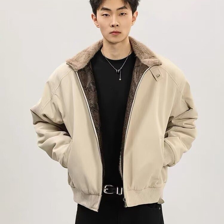 冬季美式拼蛇皮纹PU皮棉衣ing短款保暖夹克座山雕棉服男女款图片