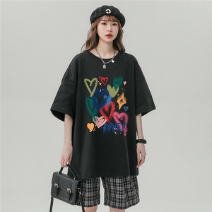 中性23夏季潮流彩虹爱心印花棉短袖T恤女T61117 P25控38图片