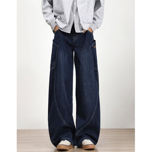 复古设计感大口袋弯刀牛仔裤男女款宽松baggy阔腿拖地裤 N1008图片