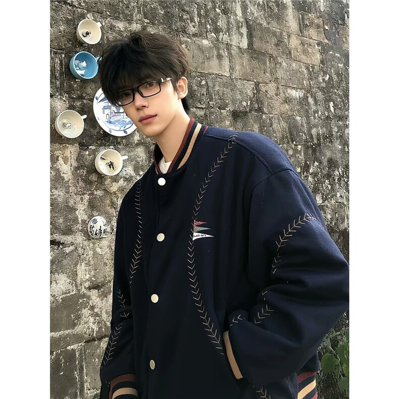 简约潮流重磅三彩尼满刺绣棒球棉服新款时尚日系原宿百搭气质,男装棉衣,星座516A