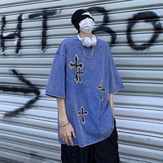 B239-1129-P38美式十字架印花复古水洗做旧落肩袖短袖T恤上衣，男装T恤，星座514-2(原B239)