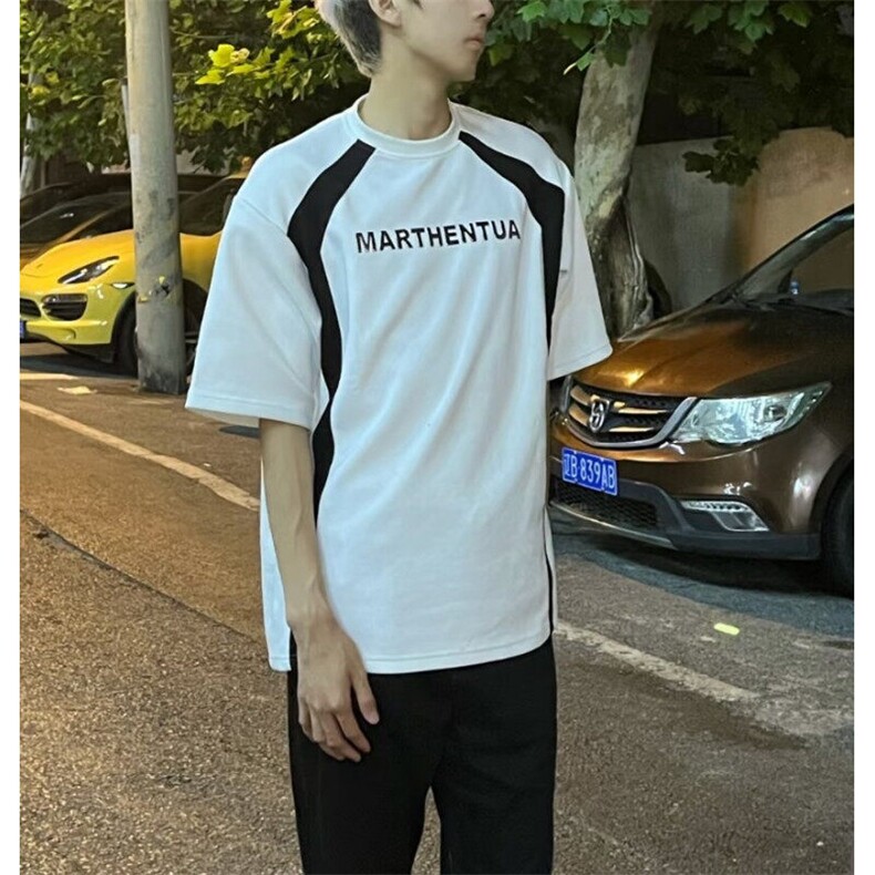 小众解构设计感拼色印花垫肩立体短袖T恤男夏季宽松潮流上衣,男装T恤,星座601-1