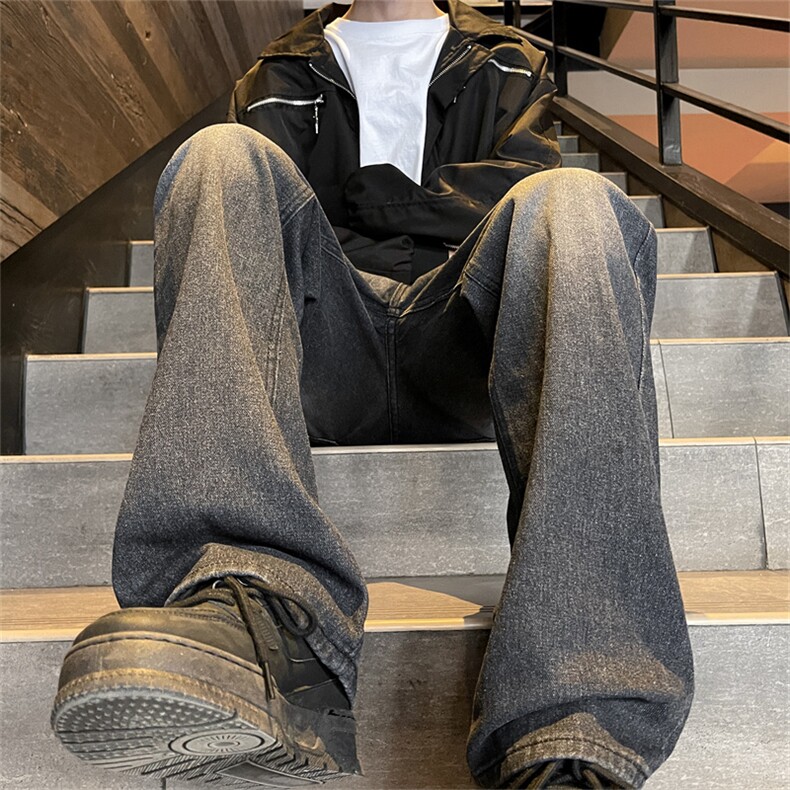 复古渐变水洗微喇叭牛仔裤男士宽松直筒高街痞帅青少年阔腿长裤子,男装牛仔裤,星座410-6（原星座1304-1）