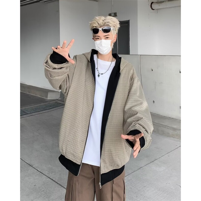 双面穿春秋男外套短宽松复古夹克拉链连帽卫衣潮流8518P72,男装夹克,星座410-2