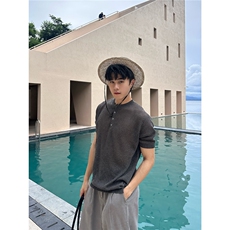 夏季老钱风新款纯色短袖针织T恤男上衣，男装针织衫/毛衣，星座1210-1