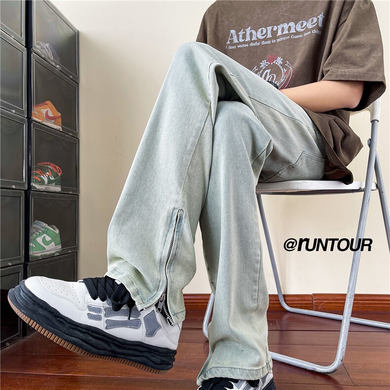美式黄泥染牛仔裤男高街潮拉链开叉直筒裤子A166-K029-特P40控68图片