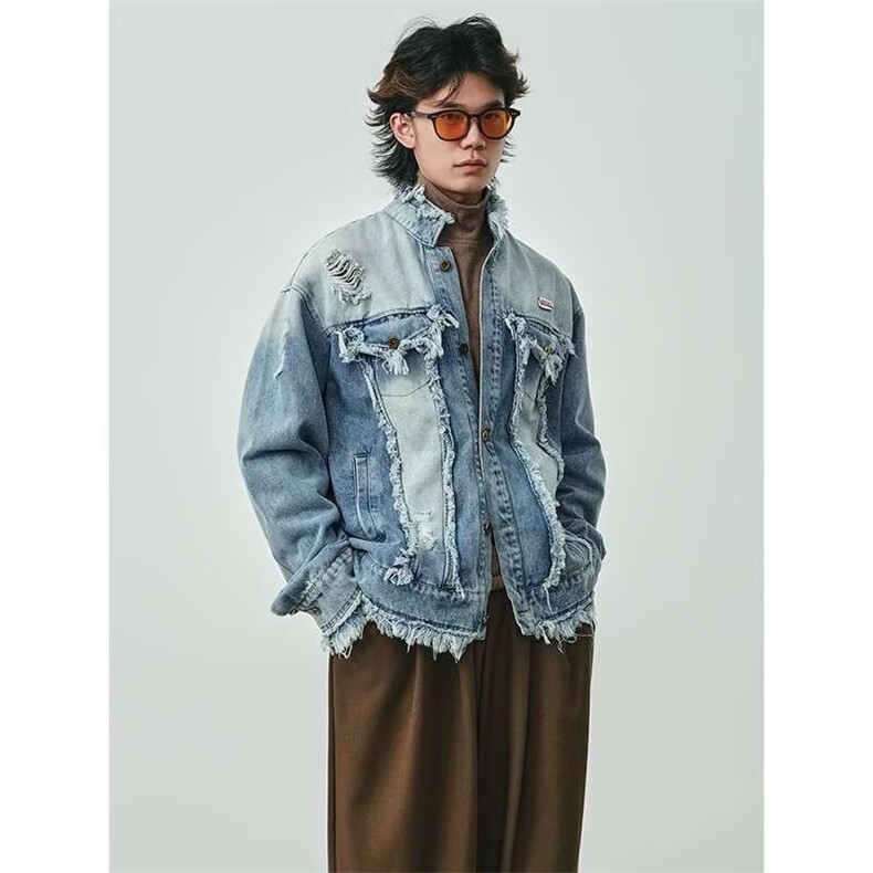 美式复古水洗做旧流苏毛边牛仔外套男女潮牌休闲情侣外套JK96-P85,男装工装外套,星座208-5