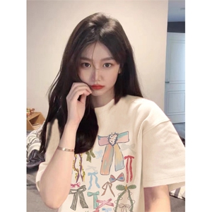 T579-P25 夏季手绘蝴蝶结纯棉印花短袖 潮情侣百搭上衣图片