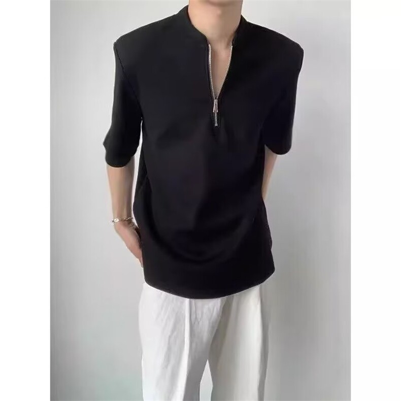 夏季日系薄款拉链爽滑肌理感短袖t恤男生宽松休闲纯色外穿ETX61,男装T恤,星座208-5