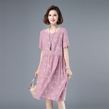 2021年夏季通勤韩版中长款a字裙妈妈装印花抽皱圆领短袖套头裙子，女装连衣裙，伊满意