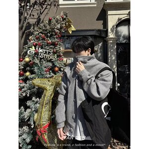 韩版潮酷青少年学生男女加厚外套宽松设计感立领痞帅街头夹克潮图片