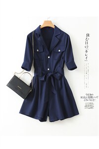 藏青工装连体裤女2021年夏季新款小个子绑带高腰显瘦阔腿连衣短裤图片