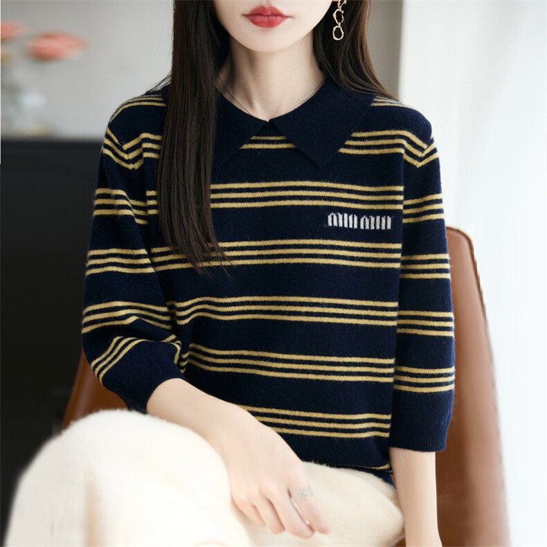 法式复古条纹POLO领针织打底毛衣女2025新款精纺细毛长袖保暖毛衫,女装羊毛衫,大美人包芯纱店