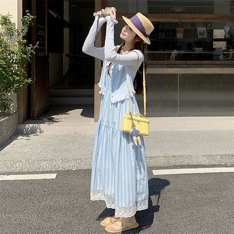 【大货已出】25夏季兰色竖条纹度假风两件套L602-P165-K228,女装连衣裙,2C317