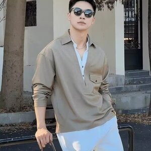 复古老钱风V领假两件衬衫外套男上衣高级感长袖衬衣HH2509P39