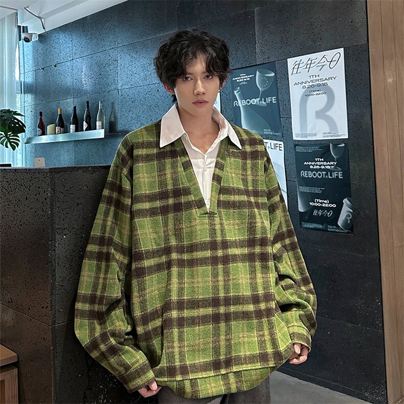 秋冬氛围感高街假两件卫衣经典格子假两件卫衣秋冬流行单品P65，男装卫衣，电商B319