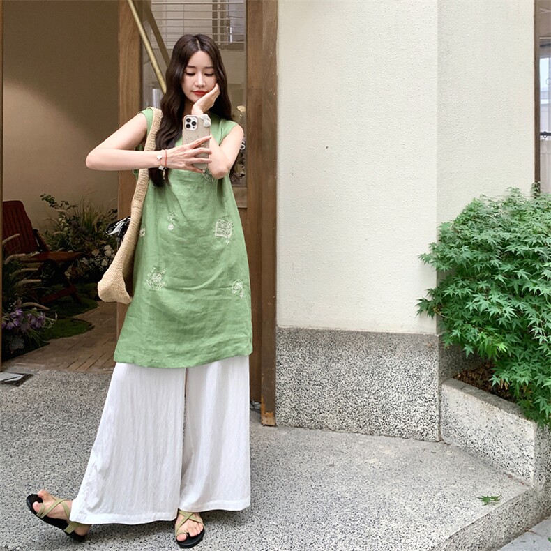 绿色无袖马甲连衣裙阔腿裤套装女夏文艺森系巨好看两件套爆款流行,女装套装/套裙,2D034