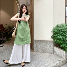 绿色无袖马甲连衣裙阔腿裤套装女夏文艺森系巨好看两件套爆款流行，女装套装/套裙，2D034