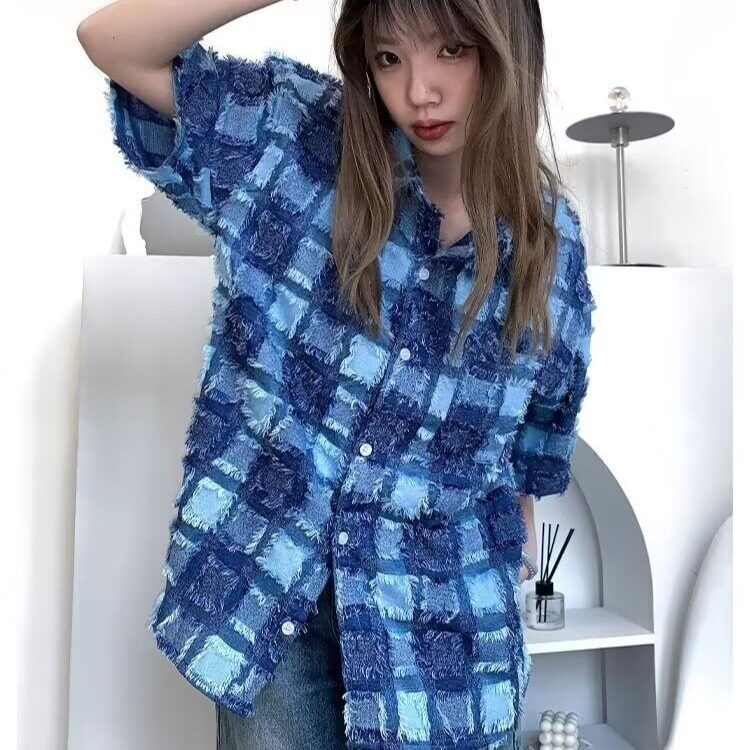 C93-P38 格子美式半袖高街衬衫香风流苏高级痞帅衬衣休闲宽松图片
