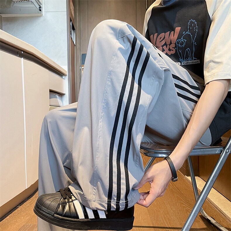 美式高街条纹裤子男生春秋季户外设计感潮牌宽松直筒阔腿运动长裤，男装休闲裤，星座304A-1