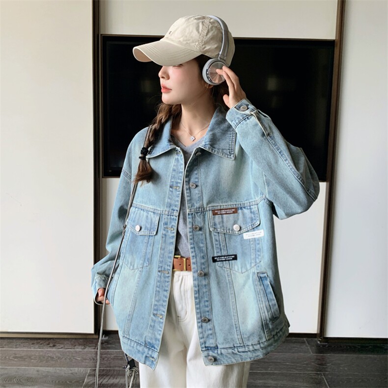 港风复古浅蓝色牛仔短款外套女2025春秋季新款设计感显瘦夹克上衣图片