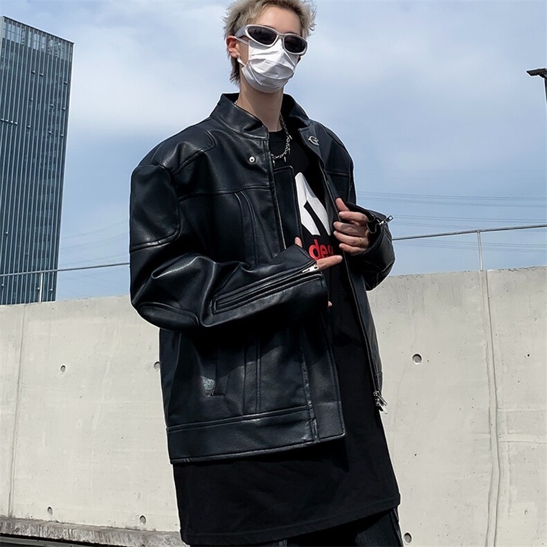 立领高级感机车皮衣男春秋短款垫肩夹克宽松飞行外套潮牌,男装夹克,星座1013