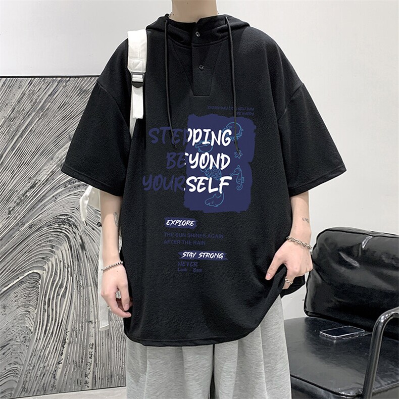 LD54345-P45NASA连帽短袖t恤男大码胖子带帽五分袖中袖,男装T恤,电商A040
