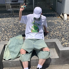美式复古破洞牛仔短裤男生潮牌百搭宽松直筒7分阔腿裤子男女夏季，男装牛仔裤，星座601-2