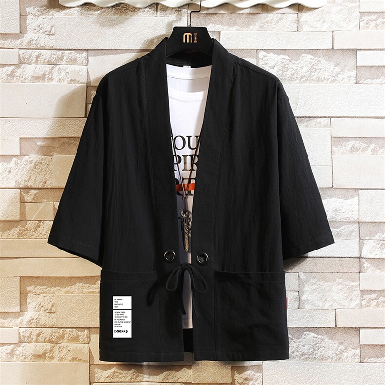 HF59045-P40风汉服男开衫外套七分袖道袍 砖墙挂拍图片