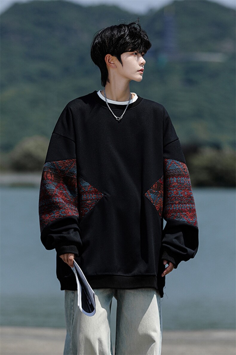 8XL-M春秋季圆领拼接撞色民族风卫衣男新款潮牌上衣服WY005P58,男装卫衣,电商B312